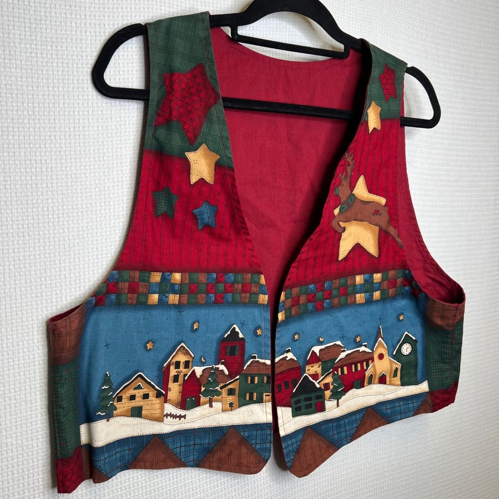 Christmas Holiday Vest Women's Red Green Village Santa Reindeer Handmade Vintage